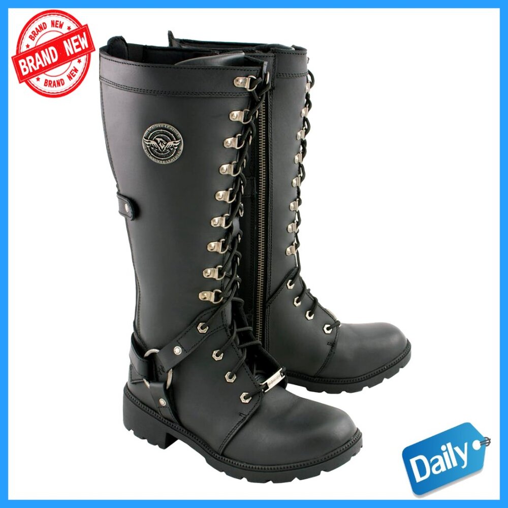 Leather Combat Boots Harness Style Motorcycle Knee-High Pull-On Lace-Up